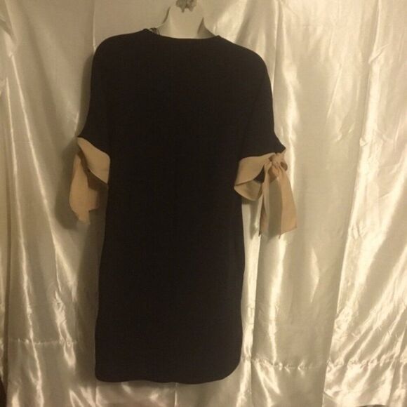 Zara Black Khaki Cream V Neck Bow Tie Short Sleeve Cuff Mini Dress S - Picture 3 of 5